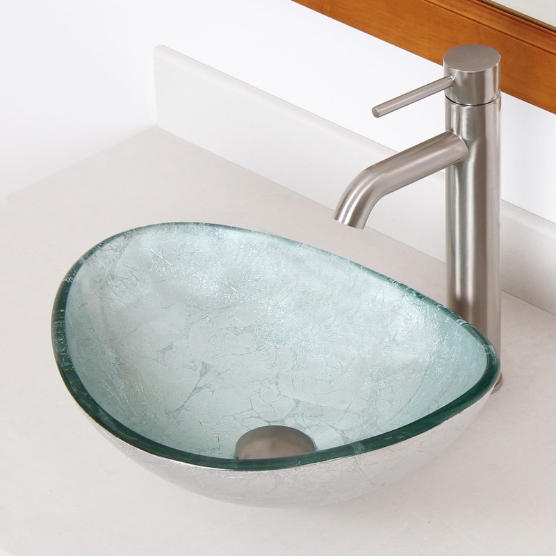 Elite Oval Artistic Silver Tempered Glass Bathroom Vessel Sink with Faucet
