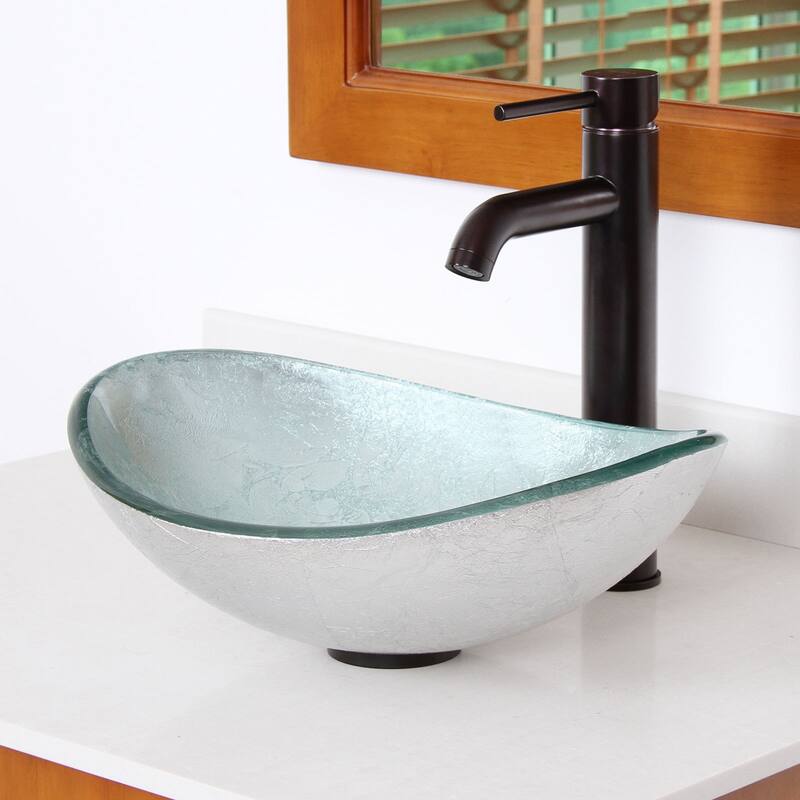 Elite Oval Artistic Silver Tempered Glass Bathroom Vessel Sink with Faucet