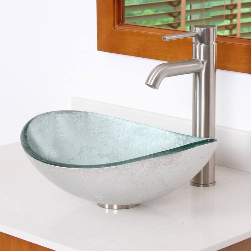 Elite Oval Artistic Silver Tempered Glass Bathroom Vessel Sink with Faucet