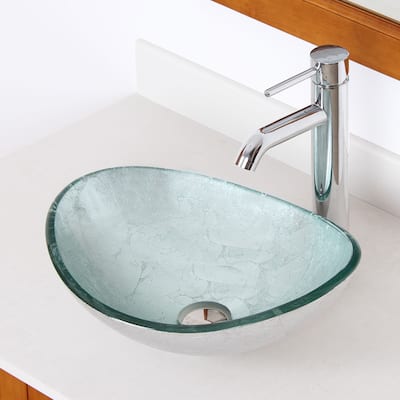 Elite Oval Artistic Silver Tempered Glass Bathroom Vessel Sink with Faucet