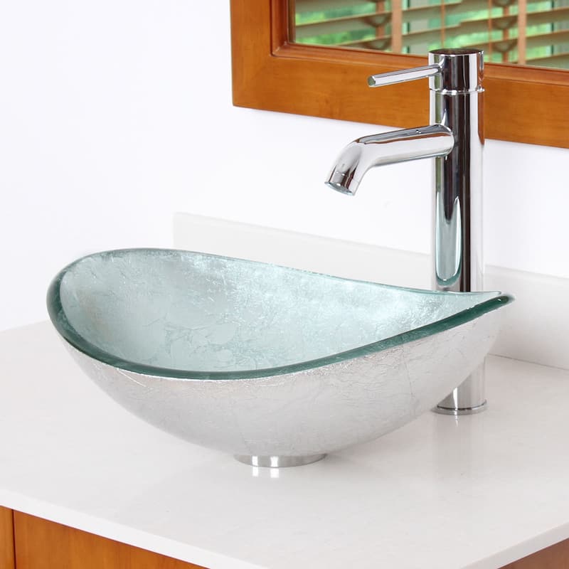 Elite Oval Artistic Silver Tempered Glass Bathroom Vessel Sink with Faucet