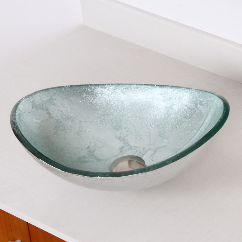Elite Oval Artistic Silver Tempered Glass Bathroom Vessel Sink with Faucet