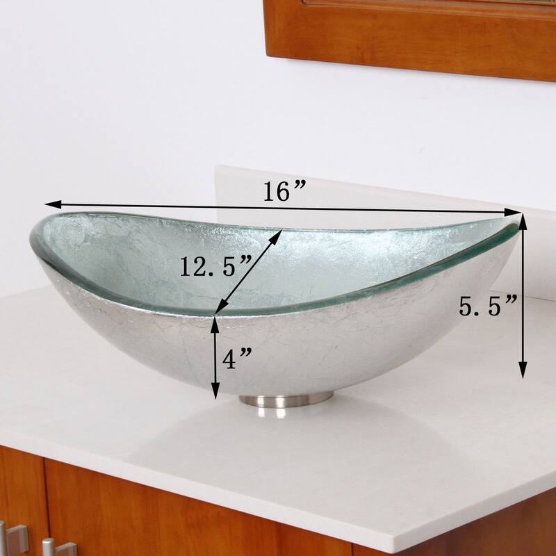 Elite Unique Oval Artistic Silver Tempered Glass Bathroom Vessel Sink and Waterfall Faucet Combo
