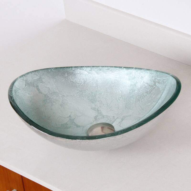 Elite Unique Oval Artistic Silver Tempered Glass Bathroom Vessel Sink and Waterfall Faucet Combo