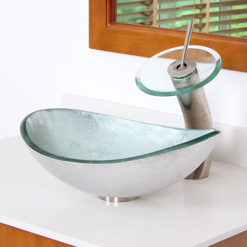 Elite Unique Oval Artistic Silver Tempered Glass Bathroom Vessel Sink and Waterfall Faucet Combo