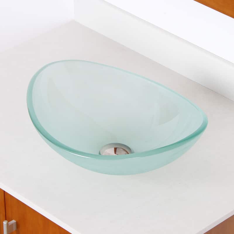 Elite Unique Oval Frosted Tempered Glass Bathroom Vessel Sink With Faucet Combo