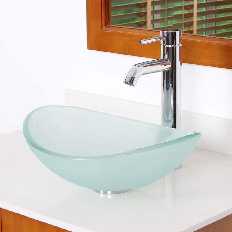 Elite Unique Oval Frosted Tempered Glass Bathroom Vessel Sink With Faucet Combo