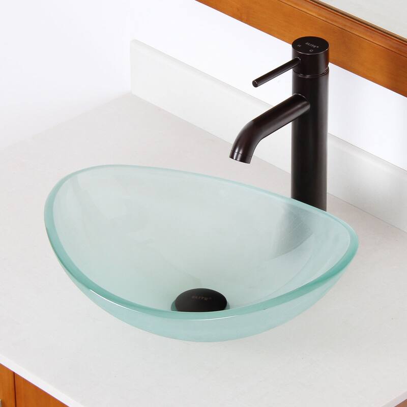Elite Unique Oval Frosted Tempered Glass Bathroom Vessel Sink With Faucet Combo - Oil Rubbed Bronze Finish Faucet+Sink
