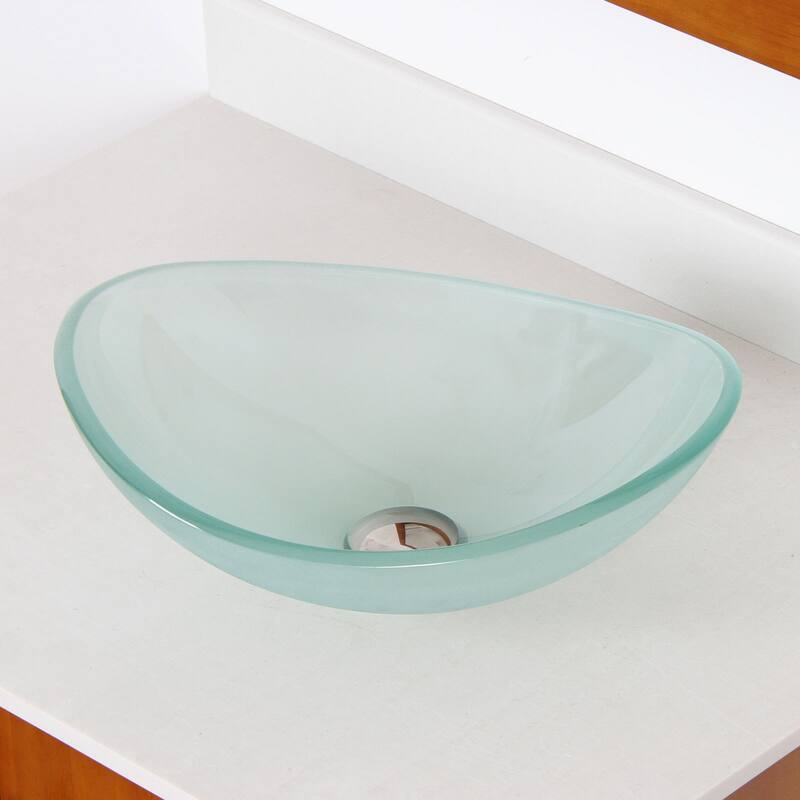 Elite Unique Oval Frosted Tempered Glass Bathroom Vessel Sink With Faucet Combo