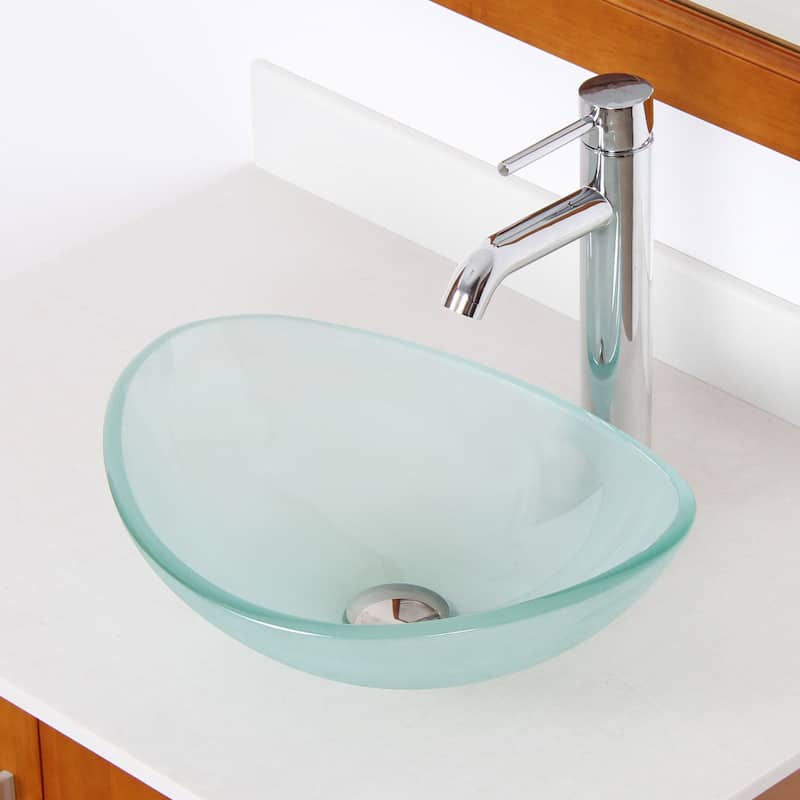 Elite Unique Oval Frosted Tempered Glass Bathroom Vessel Sink With Faucet Combo - Chrome Finish Faucet+Sink