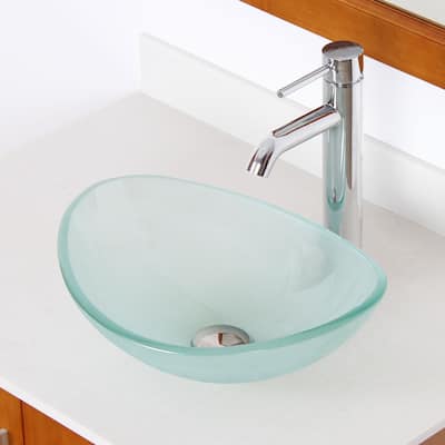 Elite Unique Oval Frosted Tempered Glass Bathroom Vessel Sink With Faucet Combo