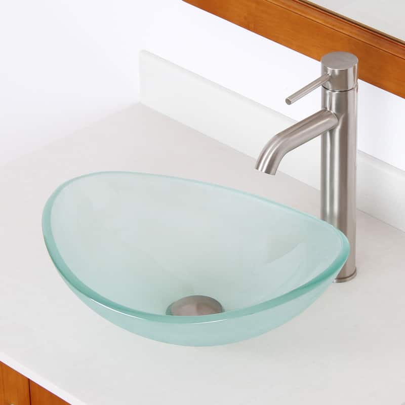 Elite Unique Oval Frosted Tempered Glass Bathroom Vessel Sink With Faucet Combo - Brushed Nickel Finish Faucet+Sink