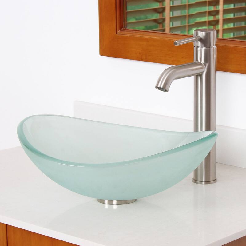 Elite Unique Oval Frosted Tempered Glass Bathroom Vessel Sink With Faucet Combo