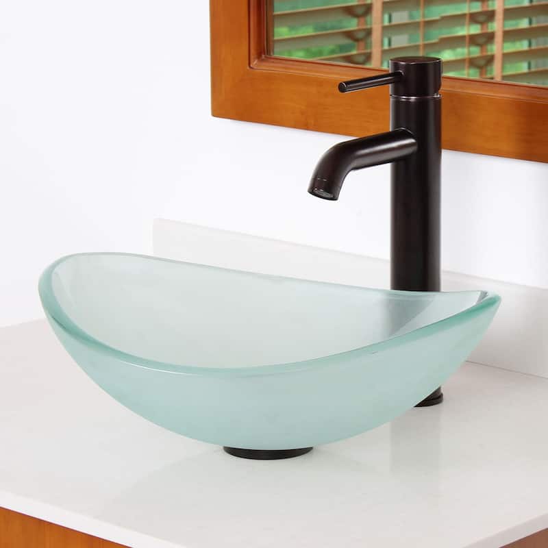 Elite Unique Oval Frosted Tempered Glass Bathroom Vessel Sink With Faucet Combo