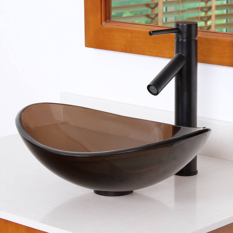 Elite 1417+2659 Unique Oval Transparent Brown Tempered Glass Bathroom Vessel Sink With Faucet Combo