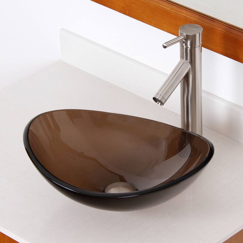 Elite 1417+2659 Unique Oval Transparent Brown Tempered Glass Bathroom Vessel Sink With Faucet Combo - Brushed Nickel Finish Faucet+Sink