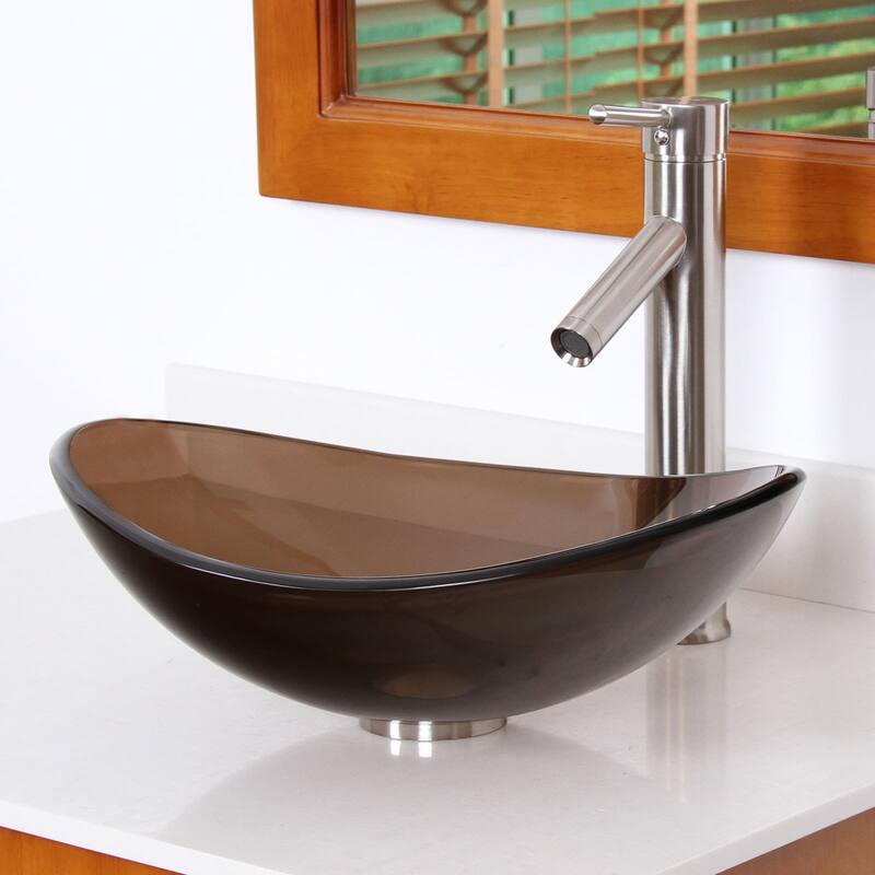 Elite 1417+2659 Unique Oval Transparent Brown Tempered Glass Bathroom Vessel Sink With Faucet Combo