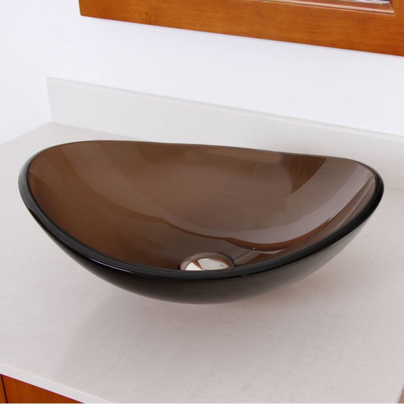 Elite 1417+2659 Unique Oval Transparent Brown Tempered Glass Bathroom Vessel Sink With Faucet Combo