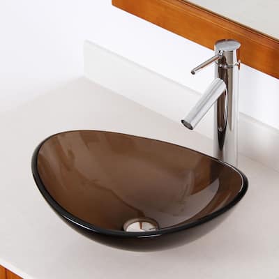 Elite 1417+2659 Unique Oval Transparent Brown Tempered Glass Bathroom Vessel Sink With Faucet Combo