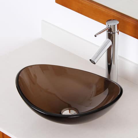 Elite 1417+2659 Unique Oval Transparent Brown Tempered Glass Bathroom Vessel Sink with Faucet Combo