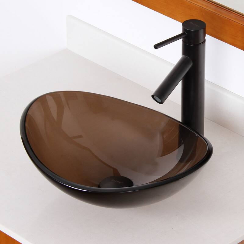 Elite 1417+2659 Unique Oval Transparent Brown Tempered Glass Bathroom Vessel Sink With Faucet Combo - Oil Rubbed Bronze Finish Faucet+Sink