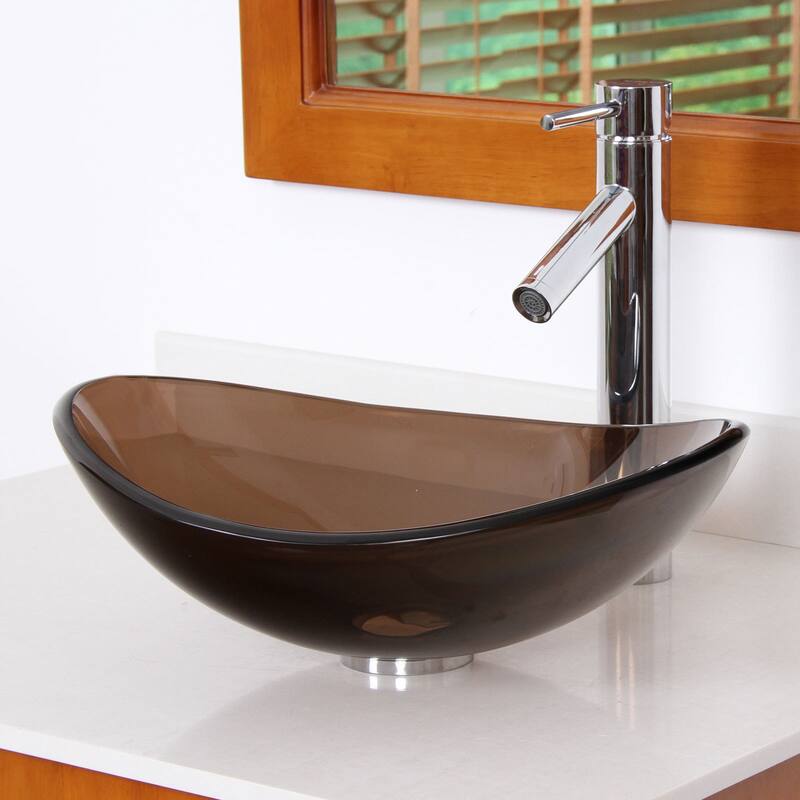 Elite 1417+2659 Unique Oval Transparent Brown Tempered Glass Bathroom Vessel Sink With Faucet Combo