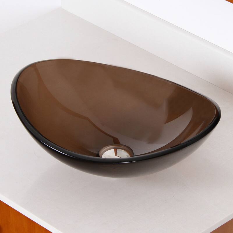 Elite 1417+2659 Unique Oval Transparent Brown Tempered Glass Bathroom Vessel Sink With Faucet Combo