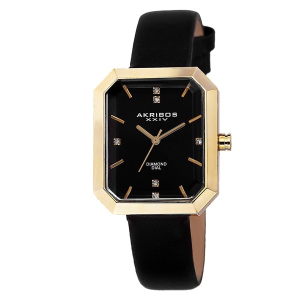Akribos XXIV Women's Swiss Quartz Diamond Leather Black Strap Watch