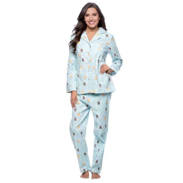 La Cera Women's Blue Owl Print Flannel Pajama Set - Free Shipping Today ...