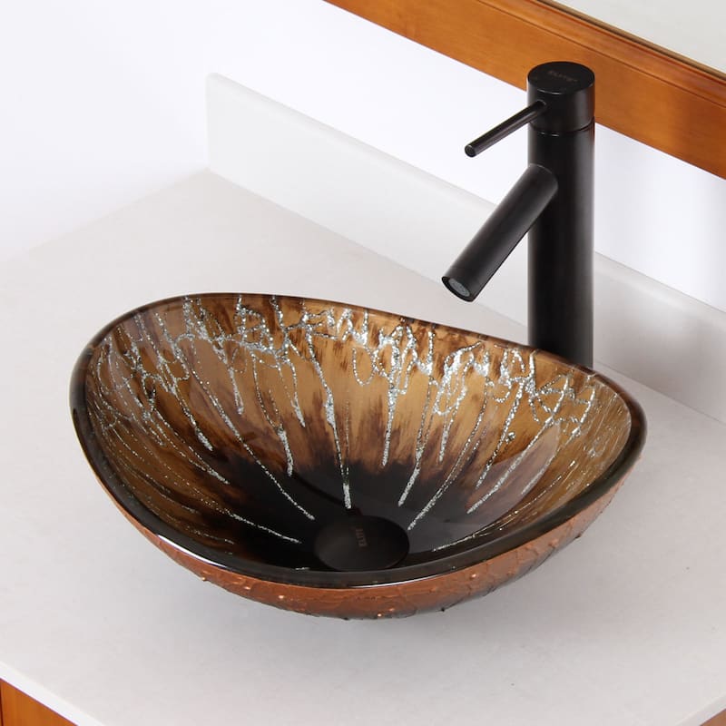 Elite 1415/ 2659 Unique Oval Artistic Bronze Tempered Glass Bathroom Vessel Sink with Faucet Combo - Oil Rubbed Bronze Finish Faucet+Sink