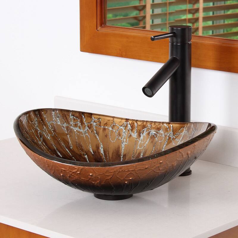 Elite 1415/ 2659 Unique Oval Artistic Bronze Tempered Glass Bathroom Vessel Sink with Faucet Combo