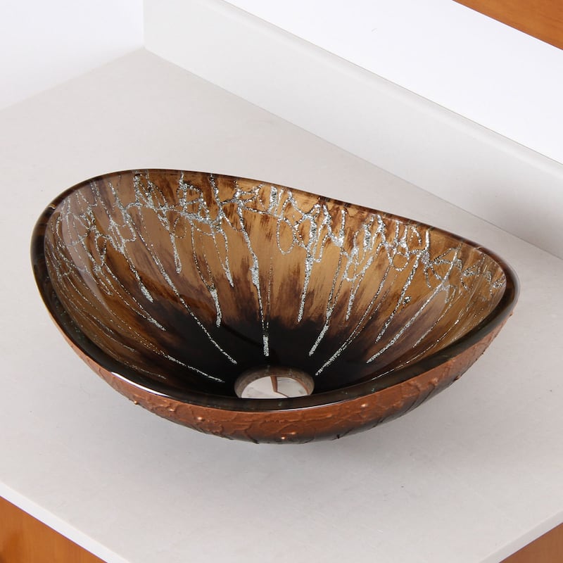 Elite 1415/ 2659 Unique Oval Artistic Bronze Tempered Glass Bathroom Vessel Sink with Faucet Combo