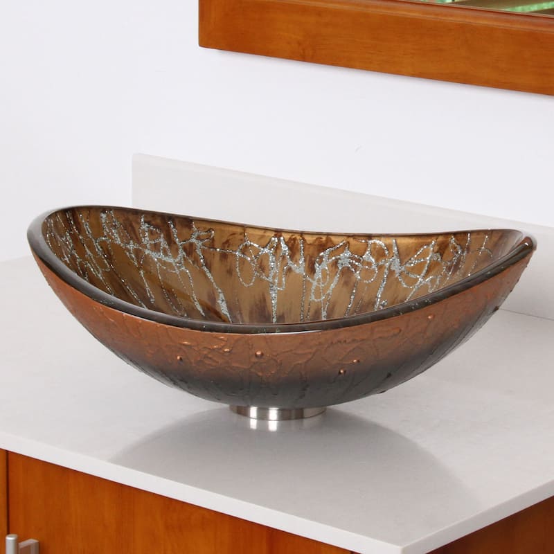 Elite 1415/ 2659 Unique Oval Artistic Bronze Tempered Glass Bathroom Vessel Sink with Faucet Combo