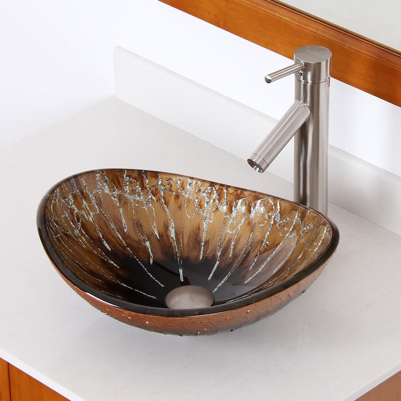 Elite 1415/ 2659 Unique Oval Artistic Bronze Tempered Glass Bathroom Vessel Sink with Faucet Combo - Brushed Nickel Finish Faucet+Sink