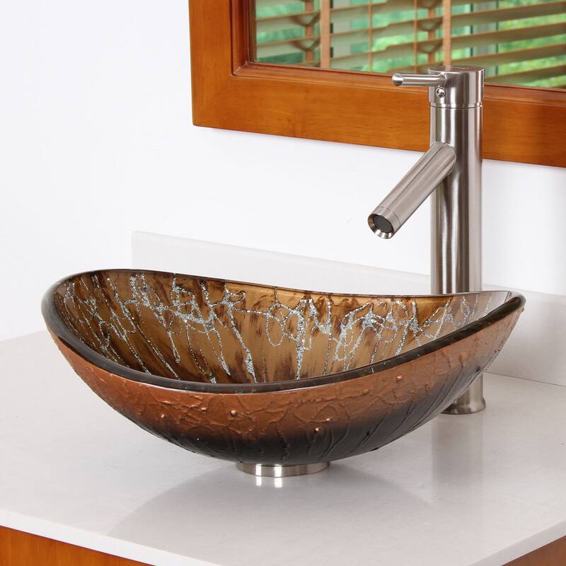 Elite 1415/ 2659 Unique Oval Artistic Bronze Tempered Glass Bathroom Vessel Sink with Faucet Combo