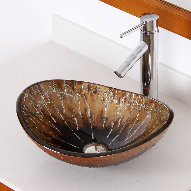 Elite 1415/ 2659 Unique Oval Artistic Bronze Tempered Glass Bathroom Vessel Sink with Faucet Combo - Chrome Finish Faucet+Sink