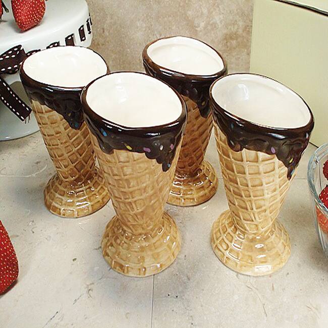 D'Lusso Designs Four Piece Waffle Cone Design Ceramic Mini Ice Cream Cup Set