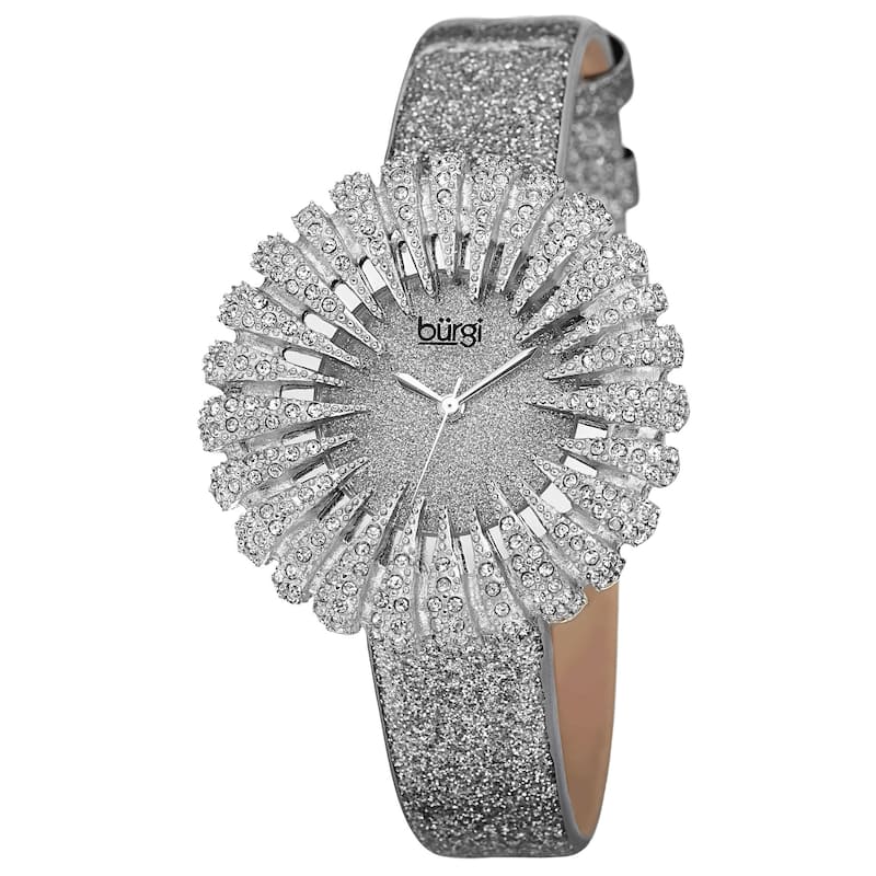 Burgi Women's Sparkling Quartz Watch with Leather Strap - grey