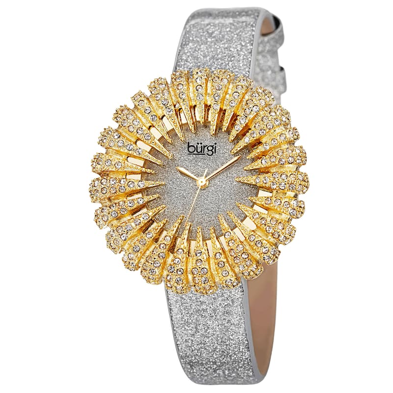 Burgi Women's Sparkling Quartz Watch with Leather Strap - Gold-tone/White