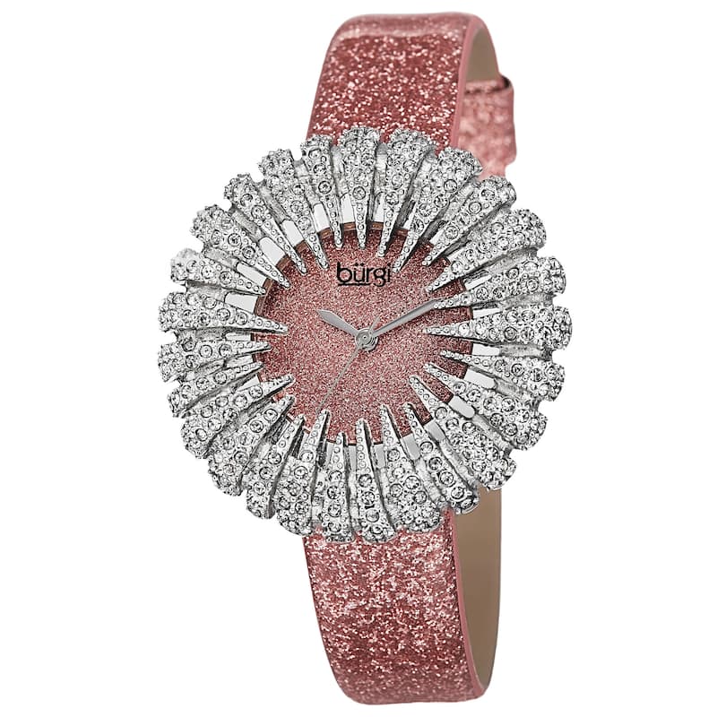 Burgi Women's Sparkling Quartz Watch with Leather Strap - Pink