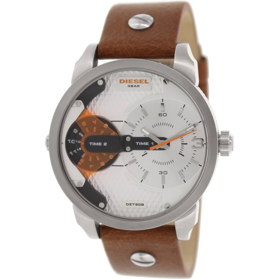 Diesel Men's Mini Daddy DZ7309 Brown Leather Analog Quartz Watch with Silver Dial