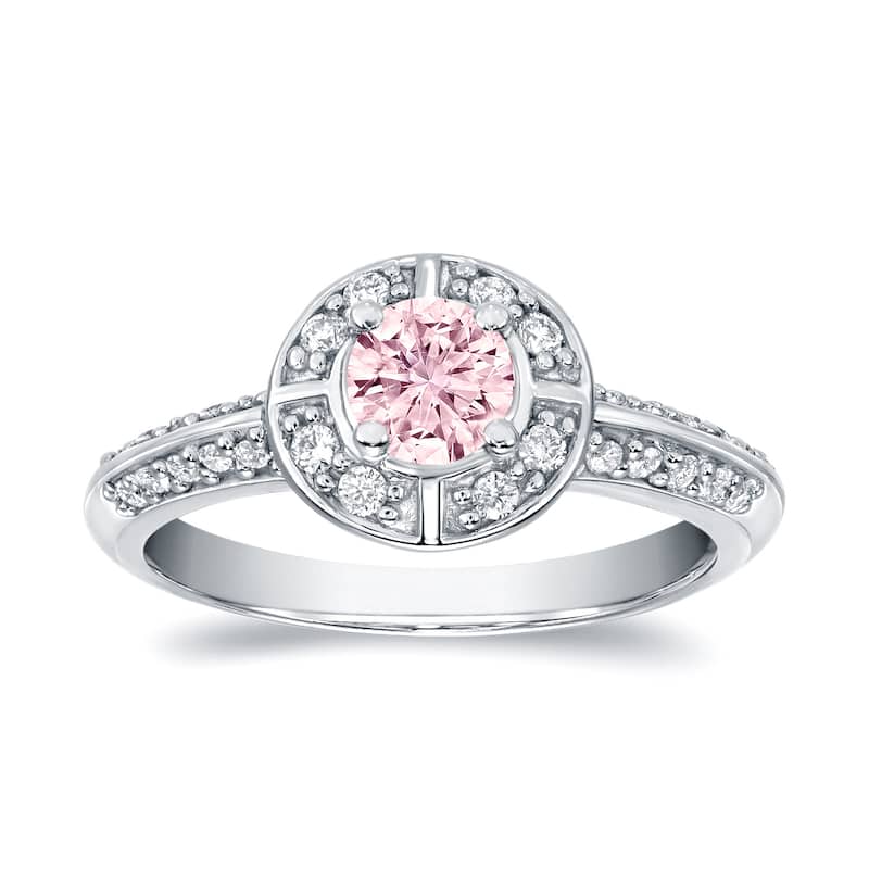 Auriya 3/4ctw Natural Fancy Pink Diamond Halo Engagement Ring 14k White Gold