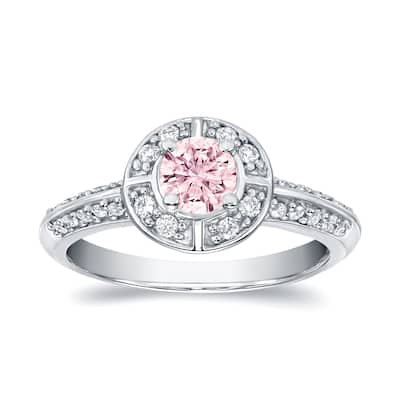 Auriya 3/4ctw Natural Fancy Pink Diamond Halo Engagement Ring 14k White Gold