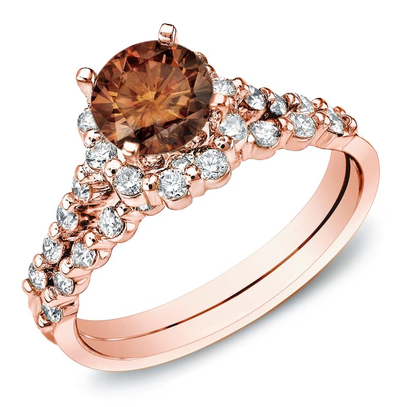 Auriya 14k Rose Gold 1 1/2ct TDW Brown Round Diamond Bridal Set Ring (SI1-SI2)