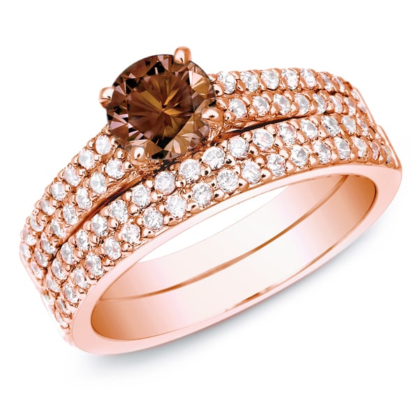 Auriya 14k Rose Gold 1 1/2ct TDW Brown Round Diamond Bridal Ring Set