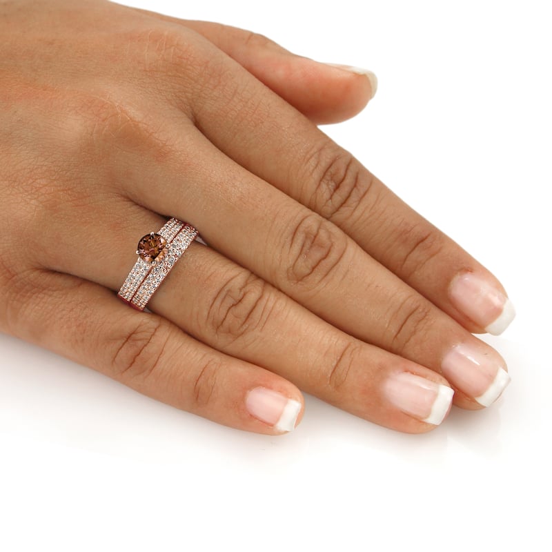 Auriya 14k Rose Gold 1 1/2ctw Double Pave Brown Diamond Engagement Ring Set