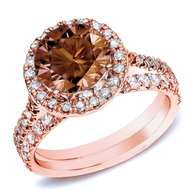 Auirya 1ct TDW Round Split Shank Brown Diamond Halo Engagement Ring Set 14k Rose Gold - 10