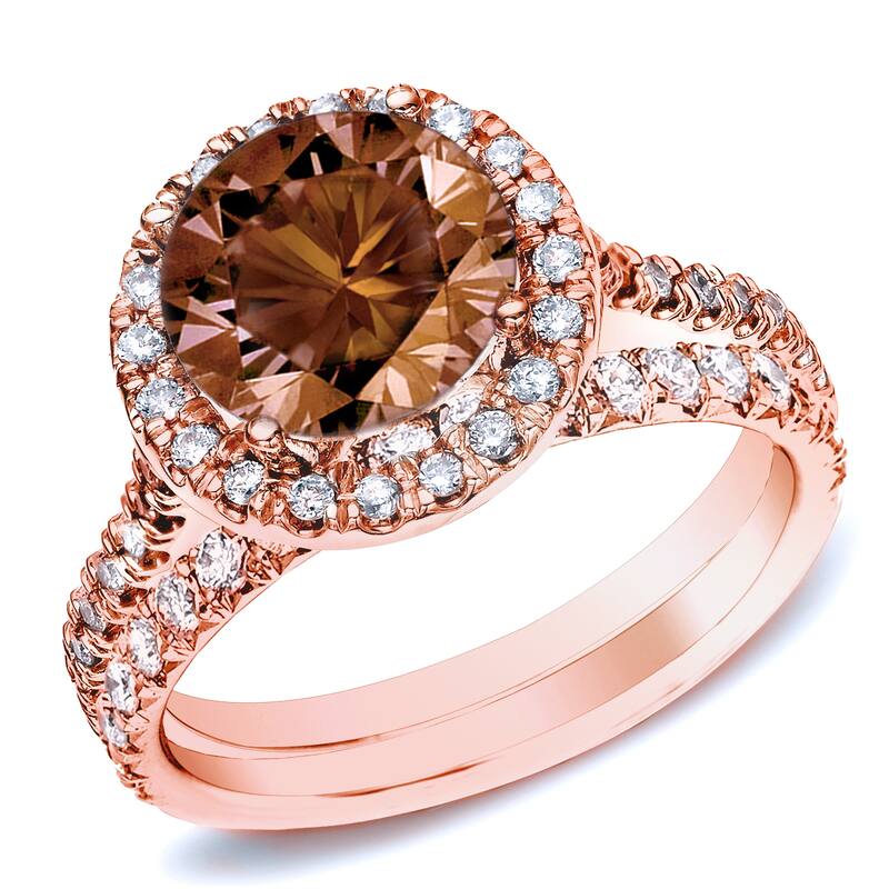 Auirya 1ct TDW Round Split Shank Brown Diamond Halo Engagement Ring Set 14k Rose Gold - 8