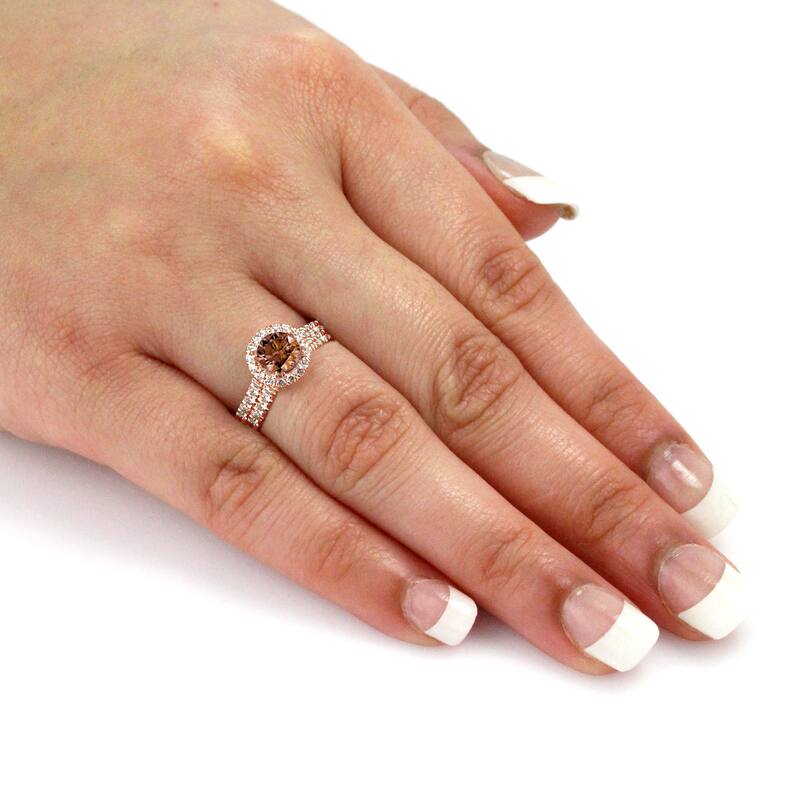 Auirya 1ct TDW Round Split Shank Brown Diamond Halo Engagement Ring Set 14k Rose Gold