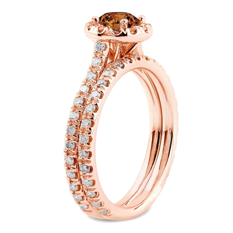 Auirya 1ct TDW Round Split Shank Brown Diamond Halo Engagement Ring Set 14k Rose Gold